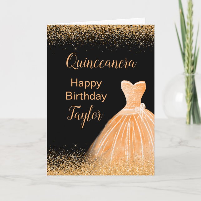 Quinceanera Peach Orange Dress Faux Glitter Card (Front)