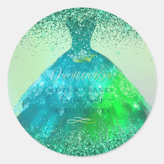 Quinceañera Peacock Sparkle Gown Classic Round Sticker (Front)