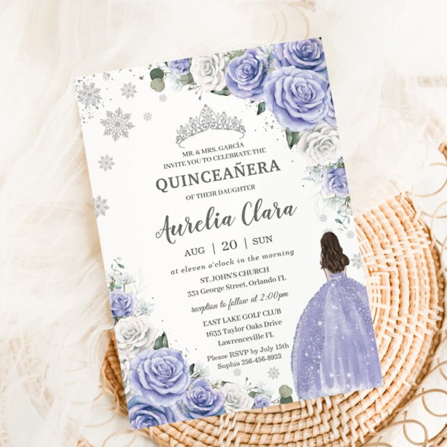 Quinceañera Periwinkle Purple White Floral Winter  Invitation (Creator Uploaded)