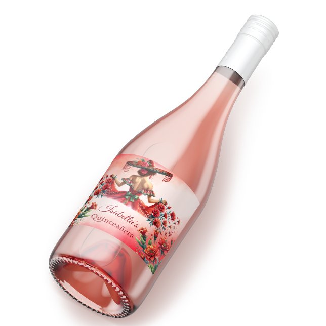 Quinceañera Personalised Beautiful red  Sparkling Wine Label (Creator Uploaded)