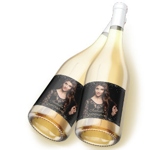 Quinceañera Personalised Photo Luxury Black Gold Sparkling Wine Label