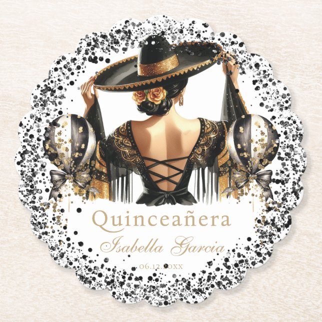 Quinceañera Personalised Watercolor Luxury Black Paper Coaster (Front)