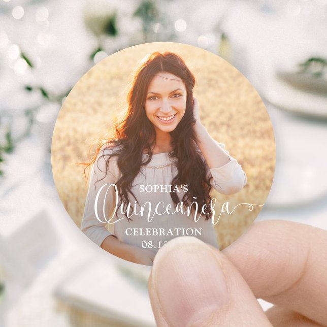 Quinceañera Photo and Modern Trendy White Script Classic Round Sticker (Creator Uploaded)