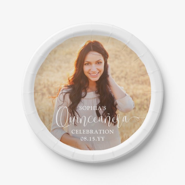 Quinceañera Photo and Modern Trendy White Script Paper Plate (Front)