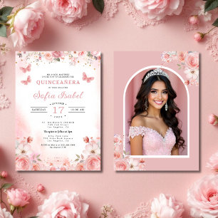 Quinceañera Photo Blush Pink Rose Floral  Invitation