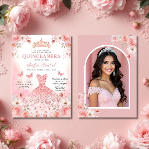 Quinceañera Photo Blush Pink Rose Floral  Invitation