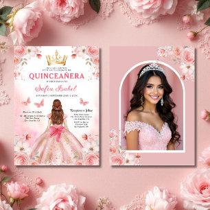 Quinceañera Photo Blush Pink Rose Floral  Invitation