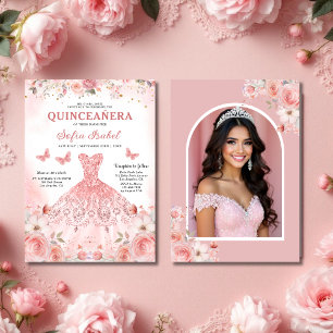 Quinceañera Photo Blush Pink Rose Floral  Invitation
