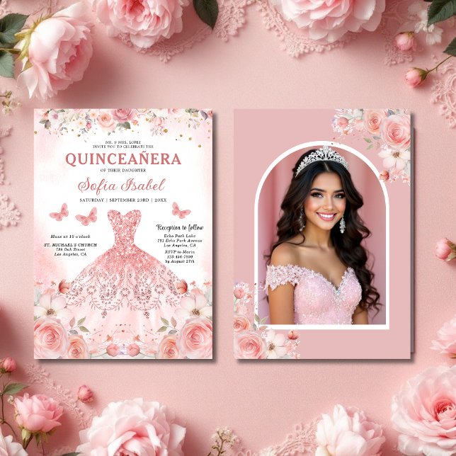Quinceañera Photo Blush Pink Rose Floral  Invitation (Creator Uploaded)