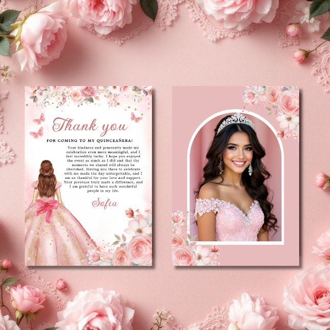 Quinceañera Photo Blush Pink Rose Floral Thank You (Creator Uploaded)