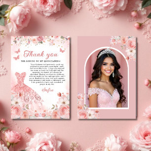 Quinceañera Photo Blush Pink Rose Floral Thank You Card