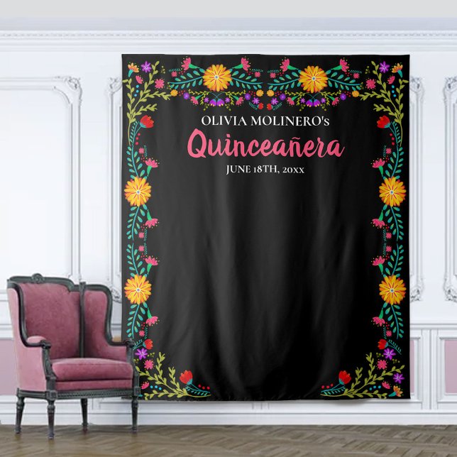 Quinceanera Photo Booth Backdrop Mexican Flowers Tapestry (Creator Uploaded)
