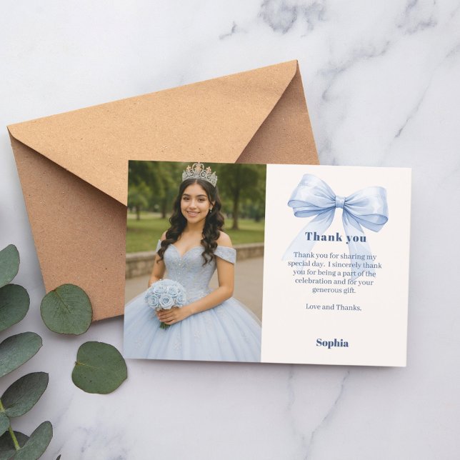 Quinceanera photo bow blue thank you card (Creator Uploaded)