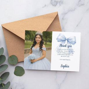 Quinceanera photo bow blue white script thank you card