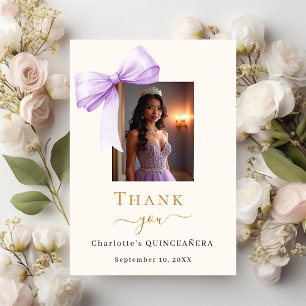 Quinceanera photo bow lavender cream thank you card