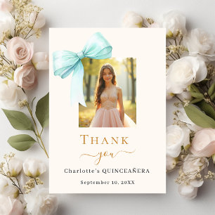 Quinceanera photo bow teal cream thank you card
