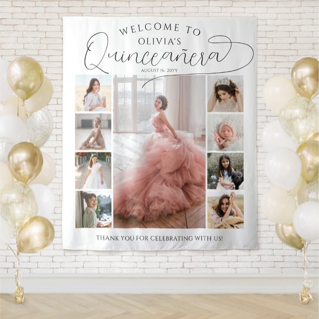 Quinceañera Photo Collage 15th Birthday Welcome Tapestry (Creator Uploaded)
