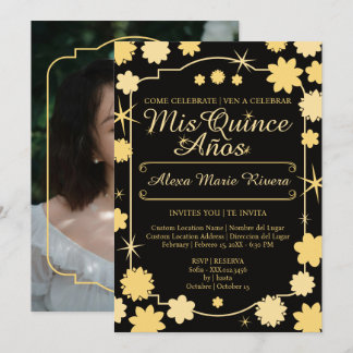Quinceanera Photo Floral Gold Silver Rose Glam Invitation