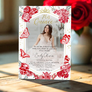 Quinceanera Photo Invitation Red Floral Gold Foil
