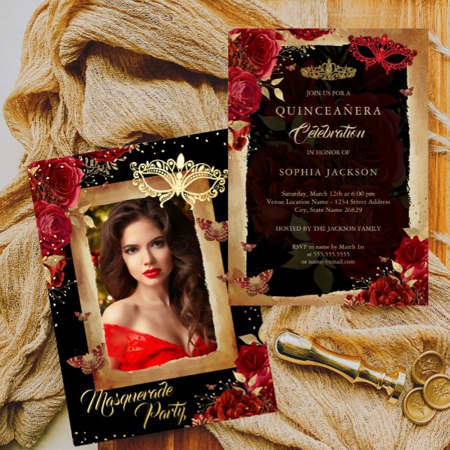 Quinceanera Photo Masquerade Party Red Rose Gold  (Creator Uploaded)