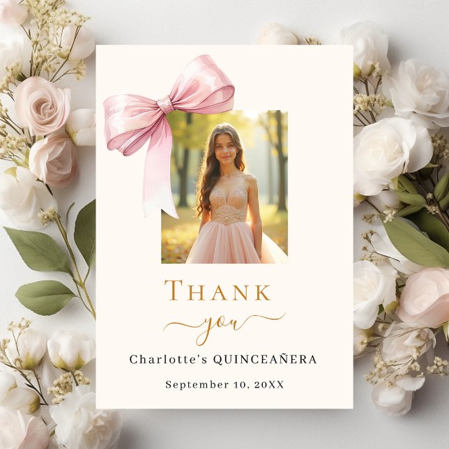 Quinceanera photo pink bow cream thank you card (Creator Uploaded)