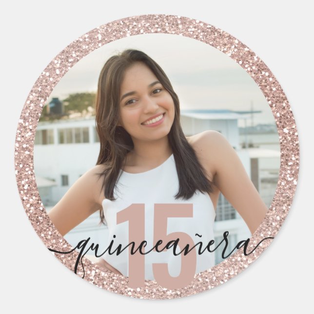 Quinceanera Photo Pink Glitter 15th Birthday Classic Round Sticker (Front)