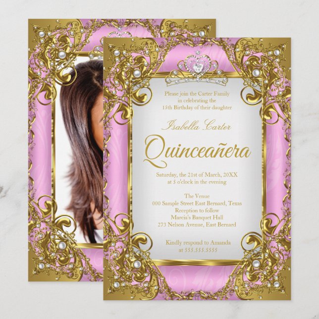 Quinceanera Photo Pink White Golden Pearl Tiara Invitation (Front/Back)