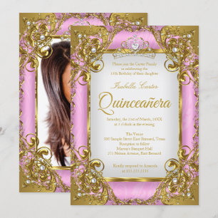 Quinceanera Photo Pink White Golden Pearl Tiara Invitation