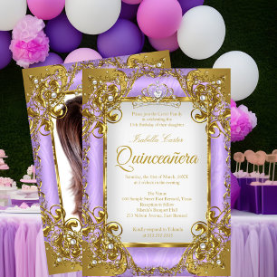 Quinceanera Photo Purple White Golden Pearl Tiara Invitation