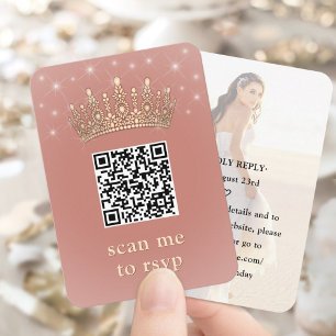 Quinceañera Photo QR RSVP Rose Gold Crown Scan Me Enclosure Card