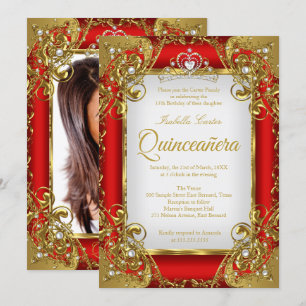 Quinceanera Photo Red Golden Pearl Tiara Party Invitation