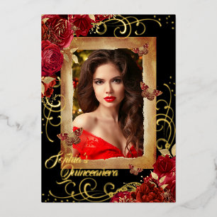 Quinceanera Photo Red Rose Gold Butterfly 