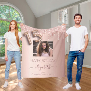 Quinceanera photo rose gold glitter pink friends fleece blanket