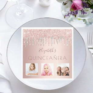 Quinceanera photo rose gold glitter pink silver napkin