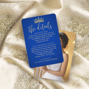 Quinceañera Photo Royal Blue & Gold Crown Details Enclosure Card
