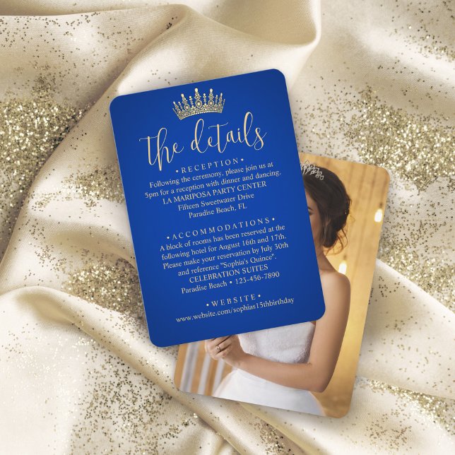 Quinceañera Photo Royal Blue & Gold Crown Details Enclosure Card (Creator Uploaded)