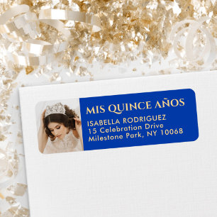 Quinceañera Photo Royal Blue & Gold Return Address Label