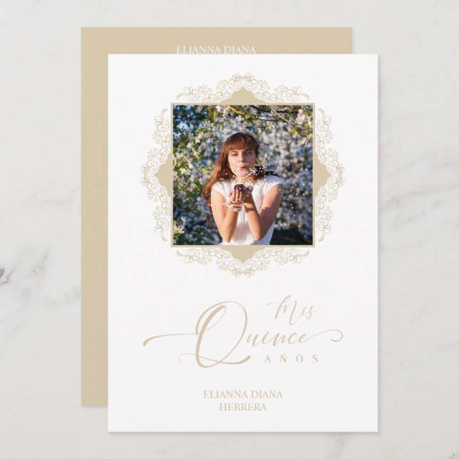 Quinceanera Photo Spanish Golden Lace Effect Invitation (Front/Back)