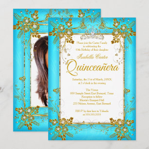 Quinceanera Photo Teal Blue Gold Diamond Tiara Invitation