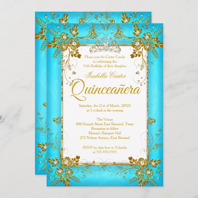 Quinceanera Photo Teal Blue Gold Diamond Tiara Invitation (Front/Back)
