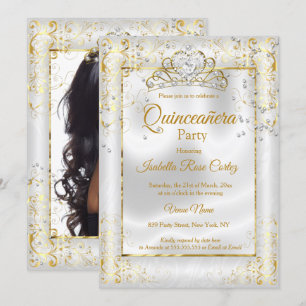 Quinceanera photo White Gold Tiara Diamond Heart Invitation
