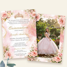 Quinceañera Pink and Gold Floral with Photo