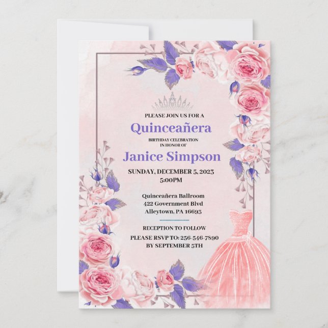 Quinceañera pink and purple roses invitation (Front)