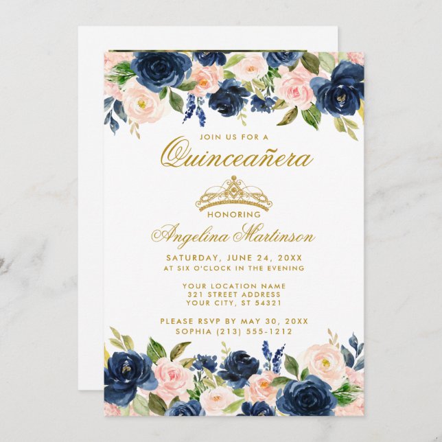 Quinceanera Pink Blue Floral Gold Crown Photo Invitation (Front/Back)