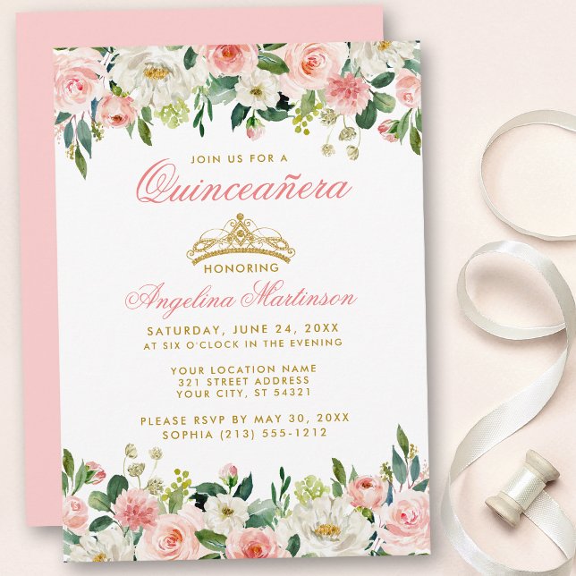 Quinceanera Pink Blush Floral Gold Crown Invite (Customize to change text color, style, add text & photos to back or change color of back of card.)