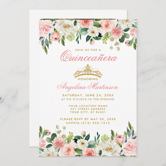 Quinceanera Pink Blush Floral Gold Crown Photo Invitation (Front/Back)