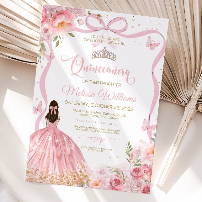 Quinceanera Pink Blush Rose Butterfly Golden  Invitation (Pink blush rose and butterfly Quinceañera invitation with golden foil details.)