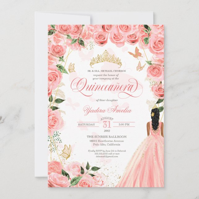 Quinceanera Pink Blush Roses Elegant Butterfly Inv Invitation (Front)