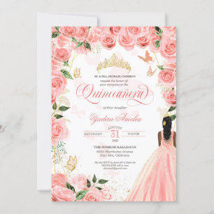 Quinceanera Pink Blush Roses Elegant Butterfly Inv Invitation