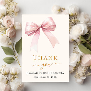 Quinceanera pink bow cream thank you card